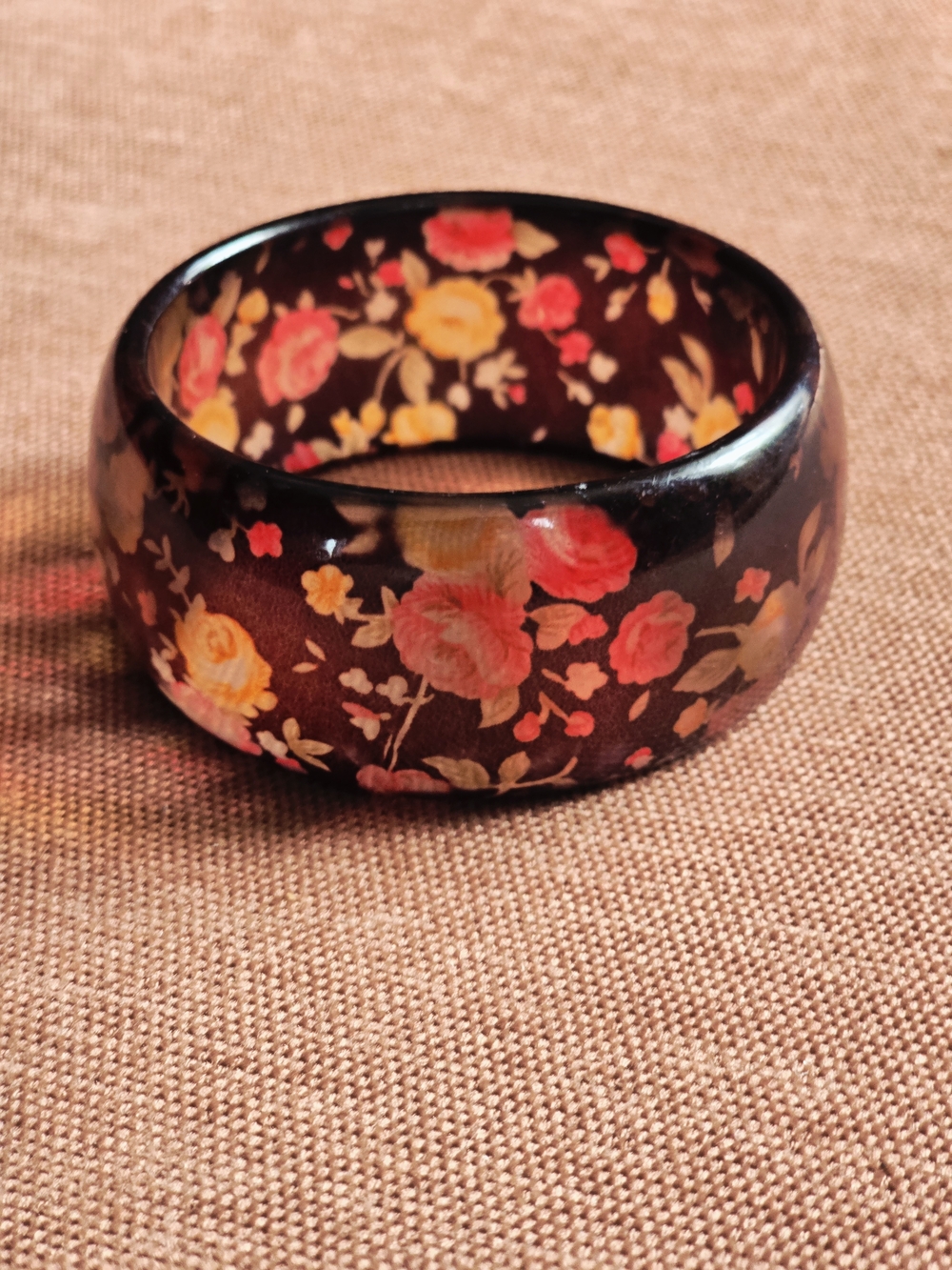 Floral Resin Bangle Bracelet - Brown with Pink & Yellow Roses